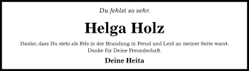 Traueranzeige von Helga Holz von Hildesheimer Allgemeine Zeitung