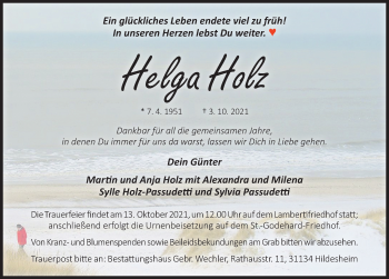 Traueranzeige von Helga Holz von Hildesheimer Allgemeine Zeitung