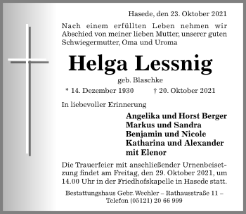 Traueranzeige von Helga Lessnig von Hildesheimer Allgemeine Zeitung