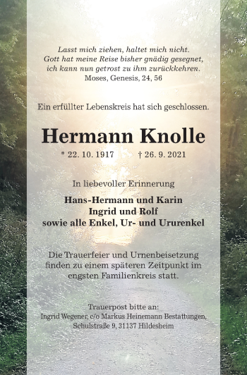 Traueranzeige von Hermann Knolle von Hildesheimer Allgemeine Zeitung