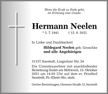 Traueranzeige von Hermann Neelen von Hildesheimer Allgemeine Zeitung