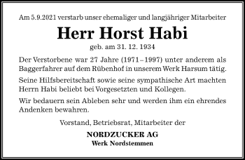 Traueranzeige von Horst Habi von Hildesheimer Allgemeine Zeitung