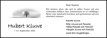 Traueranzeige von Hubert Kluwe von Hildesheimer Allgemeine Zeitung