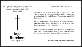 Traueranzeige von Inge Borchers von Hildesheimer Allgemeine Zeitung