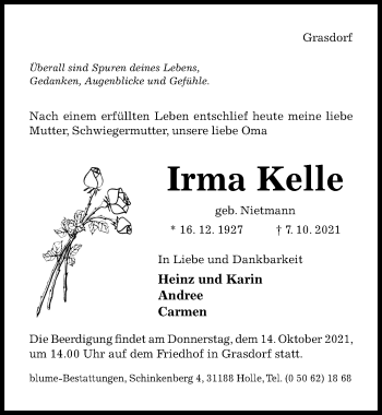 Traueranzeige von Irma Kelle von Hildesheimer Allgemeine Zeitung