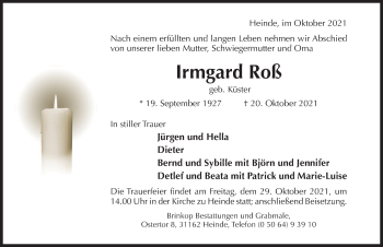 Traueranzeige von Irmgard Roß von Hildesheimer Allgemeine Zeitung