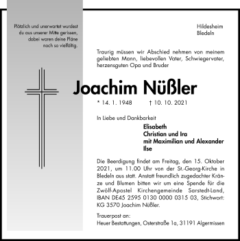 Traueranzeige von Joachim Nüßler von Hildesheimer Allgemeine Zeitung