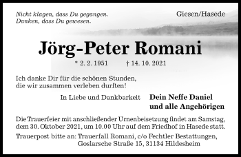 Traueranzeige von Jörg-Peter Romani von Hildesheimer Allgemeine Zeitung