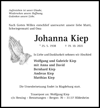 Traueranzeige von Johanna Kiep von Hildesheimer Allgemeine Zeitung
