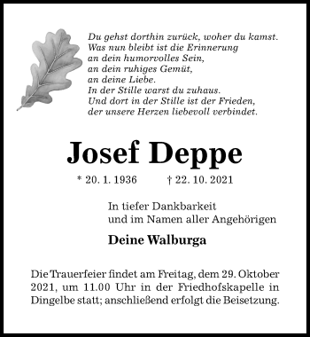 Traueranzeige von Josef Deppe von Hildesheimer Allgemeine Zeitung