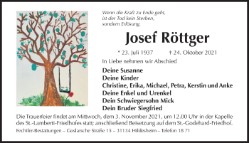 Traueranzeige von Josef Röttger von Hildesheimer Allgemeine Zeitung