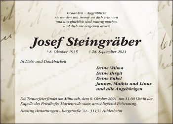 Traueranzeige von Josef Steingräber von Hildesheimer Allgemeine Zeitung