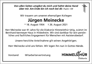 Traueranzeige von Jürgen Meinecke von Hildesheimer Allgemeine Zeitung