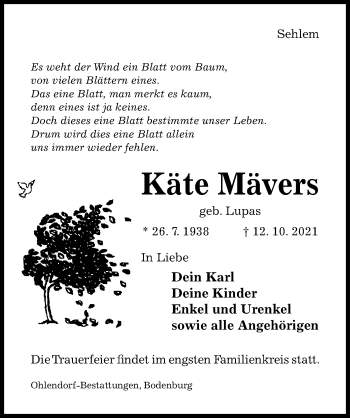 Traueranzeige von Käte Mävers von Hildesheimer Allgemeine Zeitung