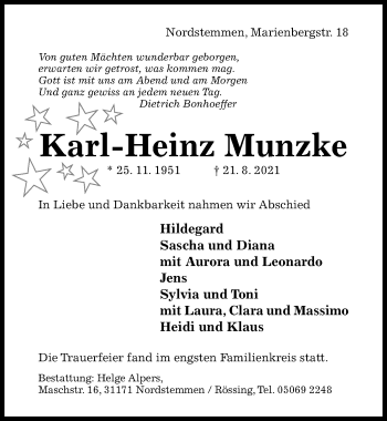 Traueranzeige von Karl-Heinz Munzke von Hildesheimer Allgemeine Zeitung