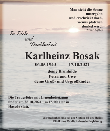 Traueranzeige von Karlheinz Bosak von Hildesheimer Allgemeine Zeitung