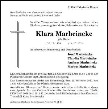 Traueranzeige von Klara Marheineke von Hildesheimer Allgemeine Zeitung