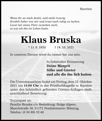 Traueranzeige von Klaus Bruska von Hildesheimer Allgemeine Zeitung