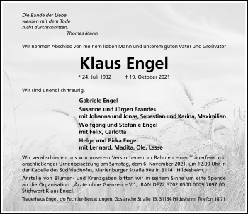 Traueranzeige von Klaus Engel von Hildesheimer Allgemeine Zeitung