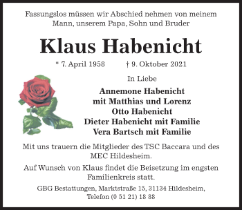 Traueranzeige von Klaus Habenicht von Hildesheimer Allgemeine Zeitung