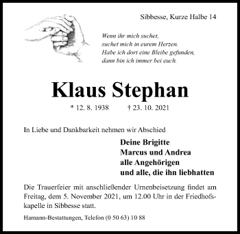 Traueranzeige von Klaus Stephan von Hildesheimer Allgemeine Zeitung