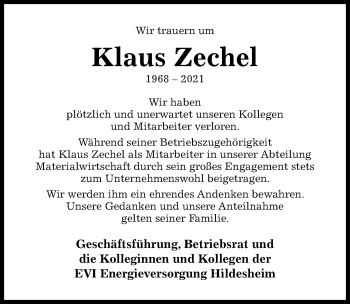 Traueranzeige von Klaus Zechel von Hildesheimer Allgemeine Zeitung