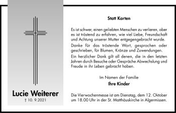 Traueranzeige von Lucie Weiterer von Hildesheimer Allgemeine Zeitung