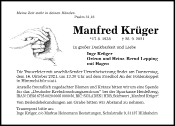 Traueranzeige von Manfred Krüger von Hildesheimer Allgemeine Zeitung