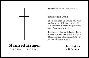 Traueranzeige von Manfred Krüger von Hildesheimer Allgemeine Zeitung