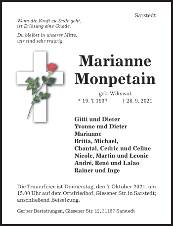 Traueranzeige von Marianne Monpetain von Hildesheimer Allgemeine Zeitung