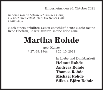 Traueranzeige von Martha Rohde von Hildesheimer Allgemeine Zeitung