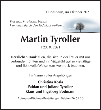 Traueranzeige von Martin Tyroller von Hildesheimer Allgemeine Zeitung