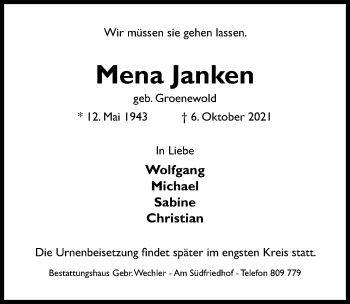 Traueranzeige von Mena Janken von Hildesheimer Allgemeine Zeitung