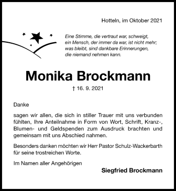 Traueranzeige von Monika Brockmann von Hildesheimer Allgemeine Zeitung