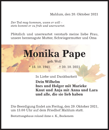 Traueranzeige von Monika Pape von Hildesheimer Allgemeine Zeitung