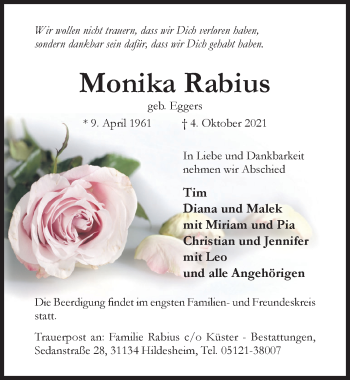 Traueranzeige von Monika Rabius von Hildesheimer Allgemeine Zeitung