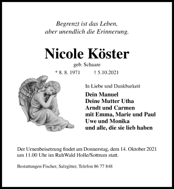 Traueranzeige von Nicole Köster von Hildesheimer Allgemeine Zeitung