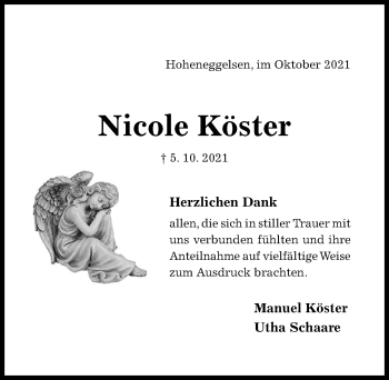 Traueranzeige von Nicole Köster von Hildesheimer Allgemeine Zeitung