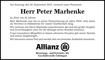 Traueranzeige von Peter Marhenke von Hildesheimer Allgemeine Zeitung