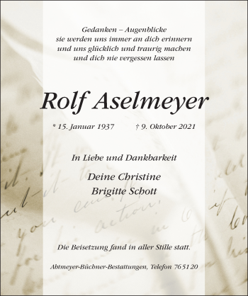 Traueranzeige von Rolf Aselmeyer von Hildesheimer Allgemeine Zeitung