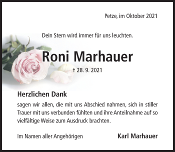 Traueranzeige von Roni Marhauer von Hildesheimer Allgemeine Zeitung