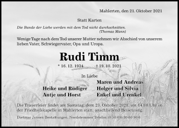 Traueranzeige von Rudi Timm von Hildesheimer Allgemeine Zeitung