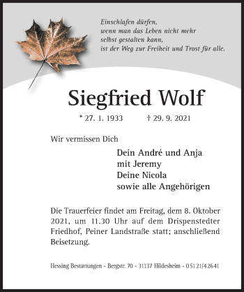 Traueranzeige von Siegfried Wolf von Hildesheimer Allgemeine Zeitung