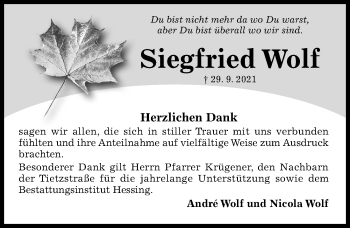 Traueranzeige von Siegfried Wolf von Hildesheimer Allgemeine Zeitung