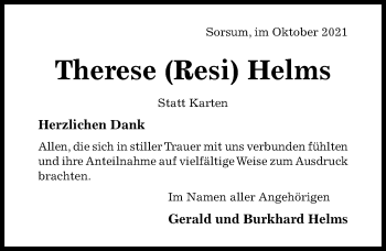 Traueranzeige von Therese Helms von Hildesheimer Allgemeine Zeitung