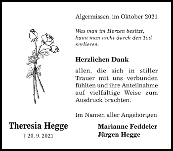 Traueranzeige von Theresia Hegge von Hildesheimer Allgemeine Zeitung