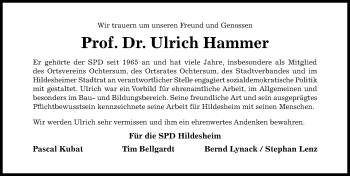 Traueranzeige von Ulrich Hammer von Hildesheimer Allgemeine Zeitung