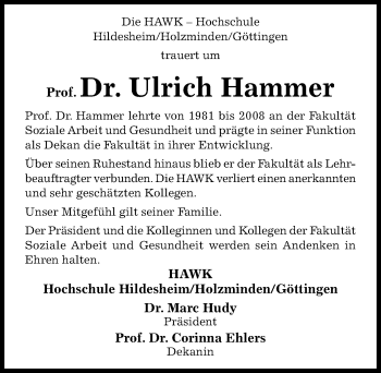 Traueranzeige von Ulrich Hammer von Hildesheimer Allgemeine Zeitung