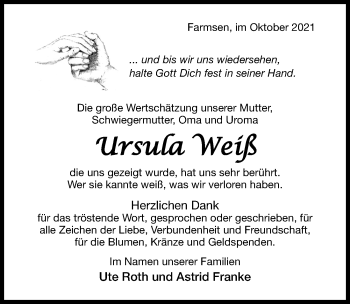 Traueranzeige von Ursula Weiß von Hildesheimer Allgemeine Zeitung