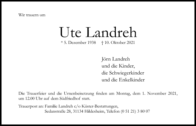  Traueranzeige für Ute Landreh vom 13.10.2021 aus Hildesheimer Allgemeine Zeitung